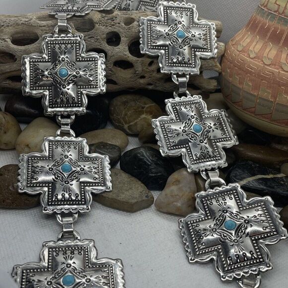 Womens Western Southwest Silver Cross Chain belt adjustable TO 40" Turquoise - Picture 1 of 7